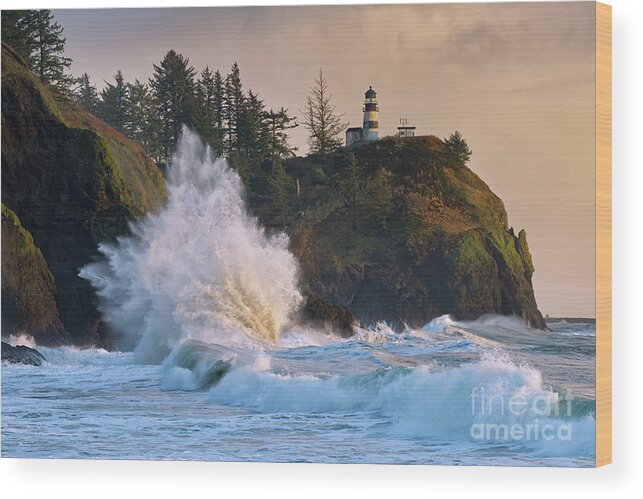 Cape Dangerous Wood Print featuring the photograph Large Wave at Cape Disappointment Lighthouse in Washington by Tom Schwabel