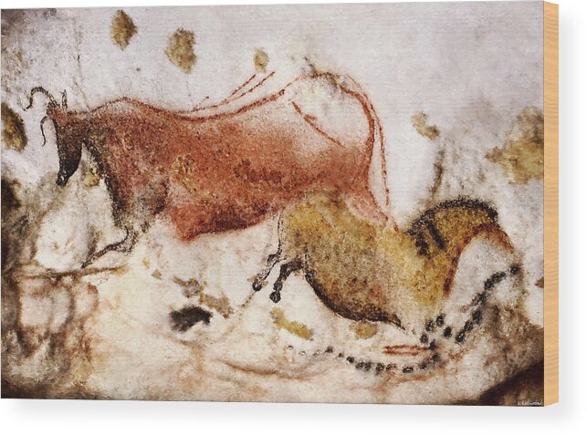 Lascaux Wood Print featuring the digital art Lascaux Cow and Horse by Weston Westmoreland