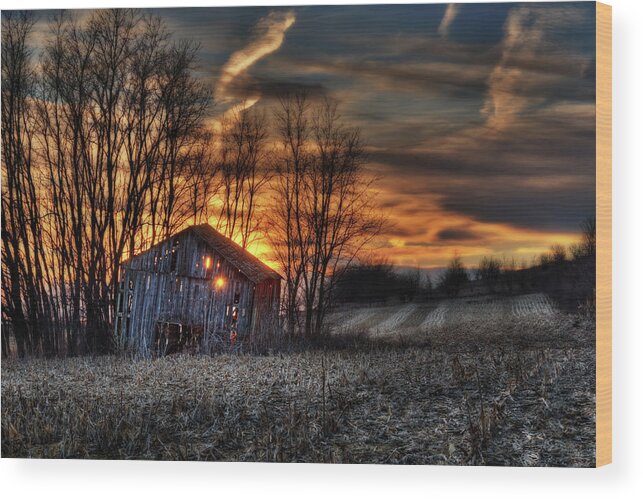 Barn Sunset Light Farm Rural Field Corn Stubble Evening Dusk Landscape Scenic Wi Wisconsin Stoughton Dane Madison Horizontal Orange Haunted Spooky Shed Tobacco Wood Print featuring the photograph Let the Light Shine Through - sunset through collapsing Wisconsin barn by Peter Herman