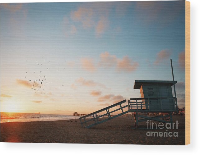 Lifeguard Hut Wood Print featuring the photograph Sunset at the beach by Stella Levi
