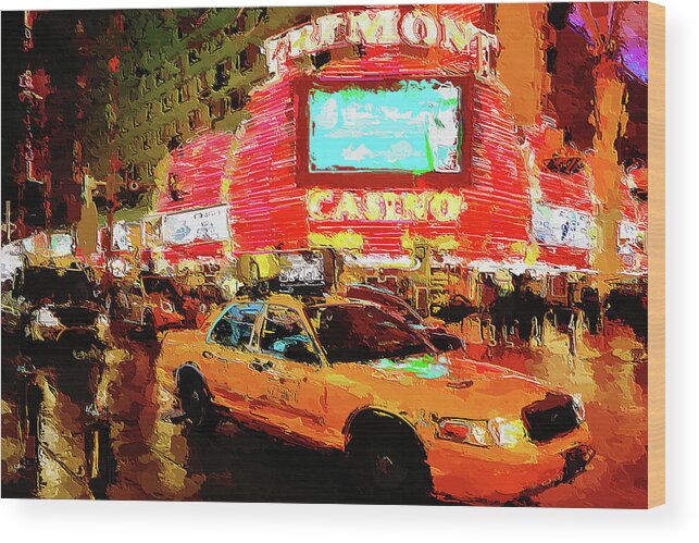 Fremont Casino Wood Print featuring the digital art Lights and Action on Fremont Street Experience Las Vegas by Tatiana Travelways