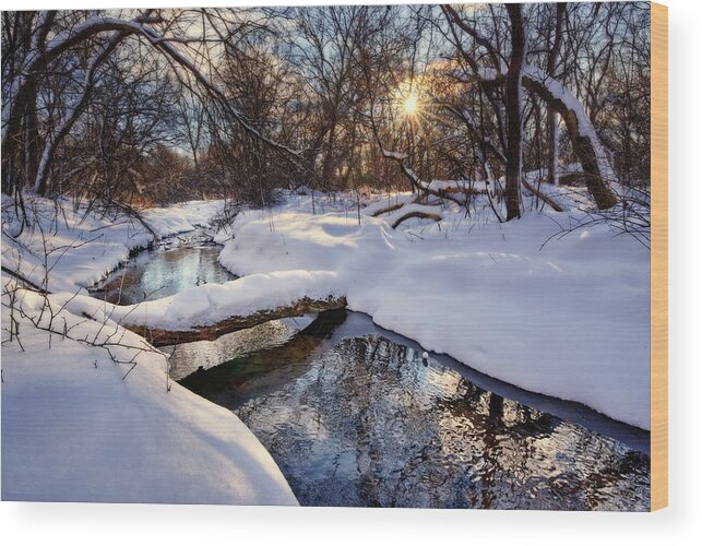 Snowscape Wood Print featuring the photograph Like a Bridge over Troubled Waters - fresh WI snowscape with trout creek and log bridge by Peter Herman