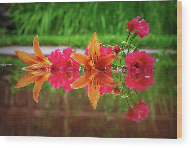 Orange Wood Print featuring the photograph Lilies and Roses Reflection by Jason Fink