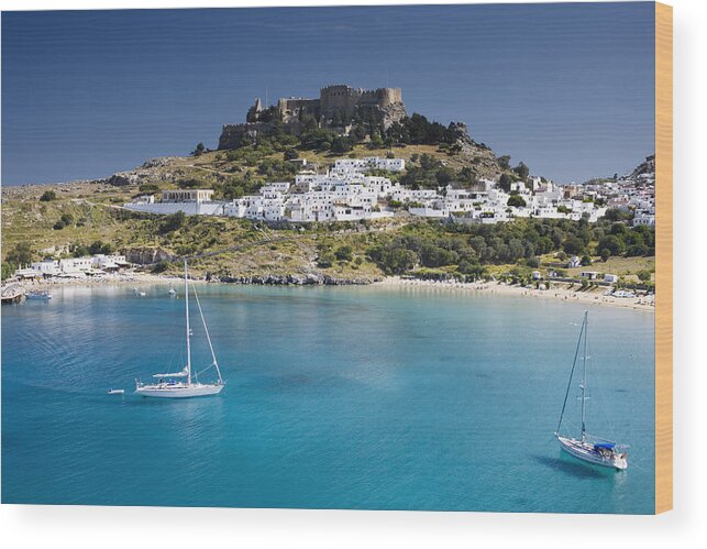 Greece Wood Print featuring the photograph Lindos with beach + Acropolis by Jorg Greuel