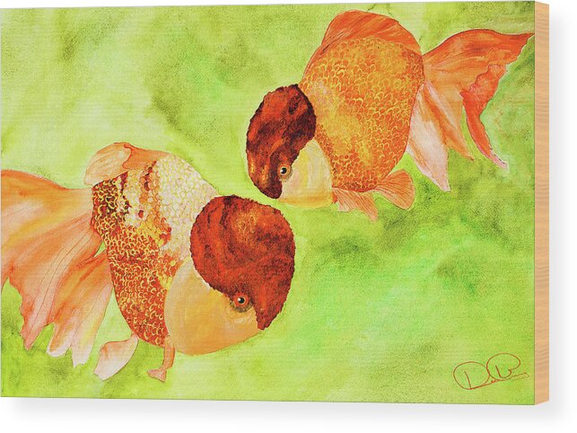 Goldfish Wood Print featuring the painting Lion Heads Goldfish by Dee Browning