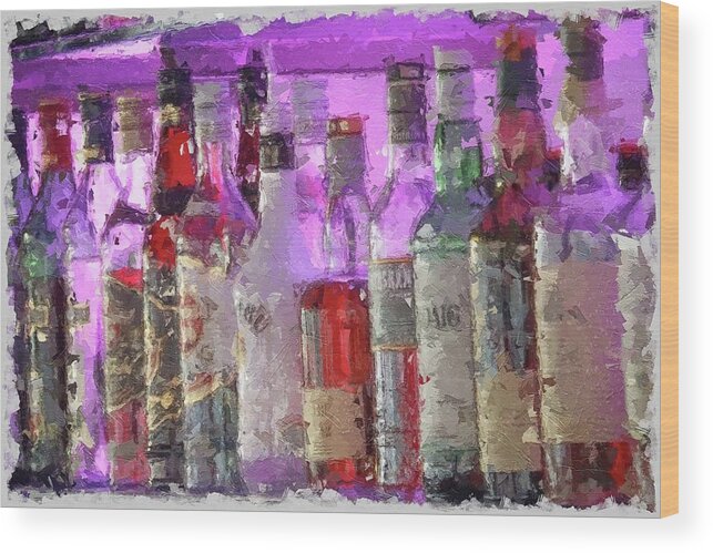 Liquor Wood Print featuring the digital art Liquor bottles on shelf by Amy Curtis