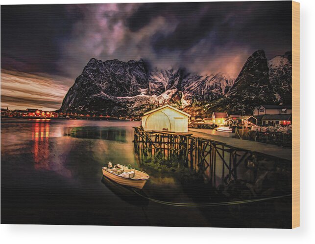 Lofoten Wood Print featuring the photograph Lofoten Lonely Harbor Boat by Norma Brandsberg