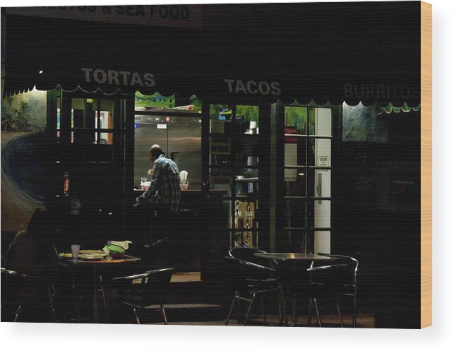 Venice Wood Print featuring the photograph Lone Man in a Taco Stand Late at Nigh by Mark Stout