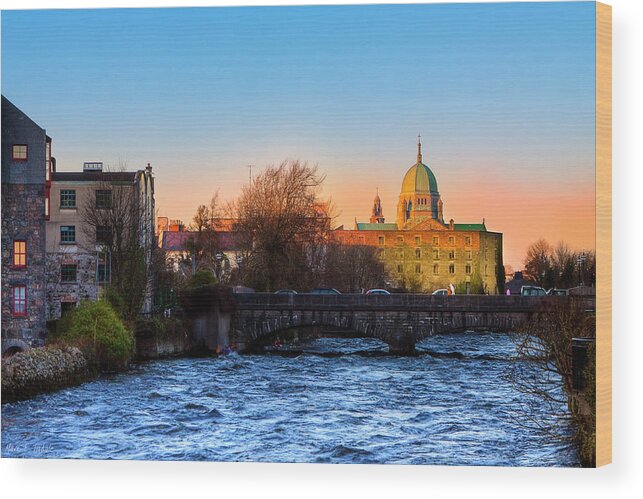 Galway Wood Print featuring the photograph Looking up River Corrib to Galway Cathedral by Mark E Tisdale