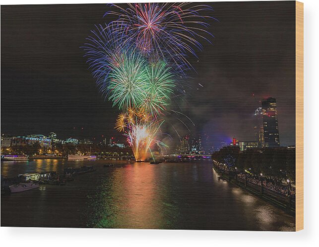 Thames Wood Print featuring the photograph Lord Mayor firework show in London by Andrew Lalchan