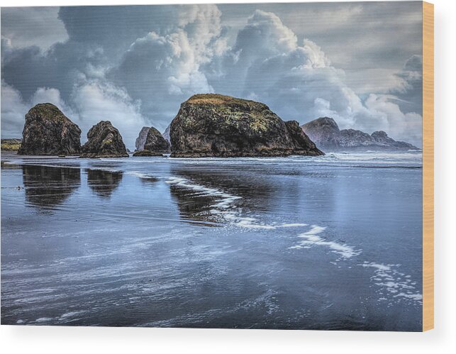 Clouds Wood Print featuring the photograph Low Tide at the Pacific Seastacks by Debra and Dave Vanderlaan