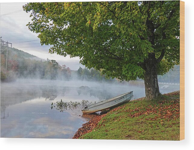 Ludlow Wood Print featuring the photograph Ludow VT Row Boat Misty Morning Fall Foliage by Toby McGuire