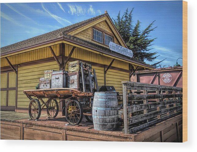 Train Depot Wood Print featuring the photograph Luggage Cart Oceano Depot by Floyd Snyder