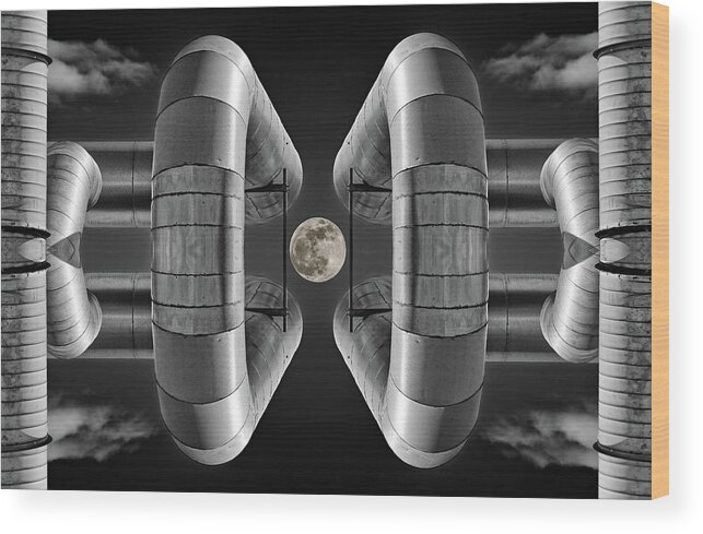 Lunar Wood Print featuring the photograph Lunaroyal - mirrored Uniroyal Building Industrial ductting with full moon - wide version by Peter Herman
