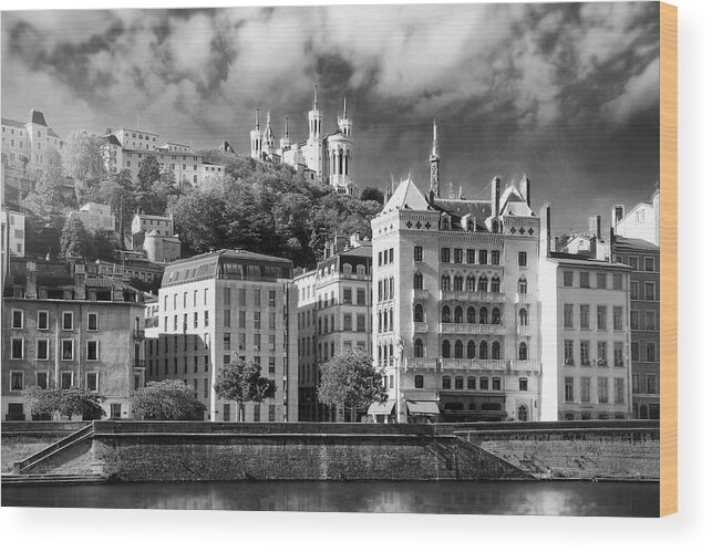 Lyon Wood Print featuring the photograph Lyon France Banks of The Saone River Black and White by Carol Japp