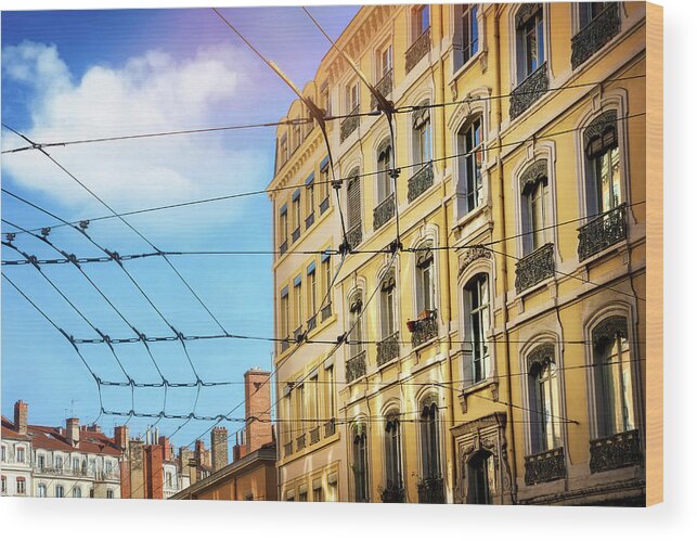Lyon Wood Print featuring the photograph Lyon France Through a Web of Tram Lines by Carol Japp