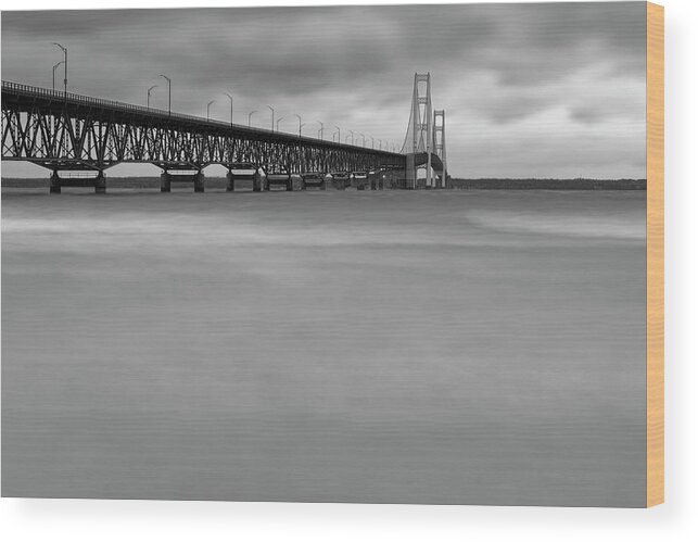 Black And White Wood Print featuring the photograph Mackinac Bridge Quiet by Jonathan Davison