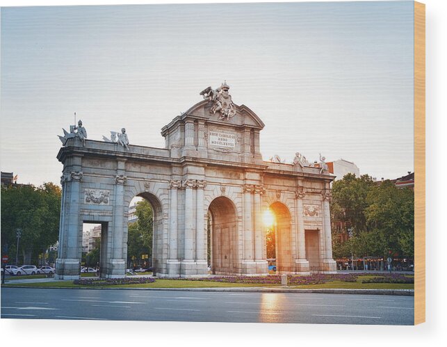 Madrid Wood Print featuring the photograph Madrid Alcala Gate sunset by Songquan Deng