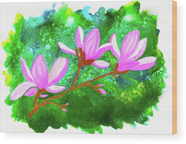 Magnolia Tree Wood Print featuring the painting Magnolia Blossoms Against an Abstract Background Alcohol Ink Art Print by Deborah League