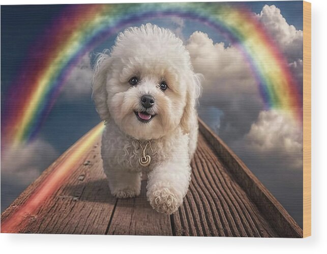 Rainbow Wood Print featuring the digital art Maltipoo Puppy Crossing Over the Rainbow Bridge in Heaven by Jim Vallee