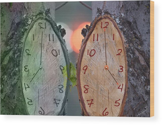 Clock Wood Print featuring the mixed media Tree Clocks by SC Heffner