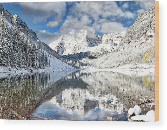 Colorado Wood Print featuring the photograph Snow covered Maroon Bells in Aspen, Colorado. by OLena Art