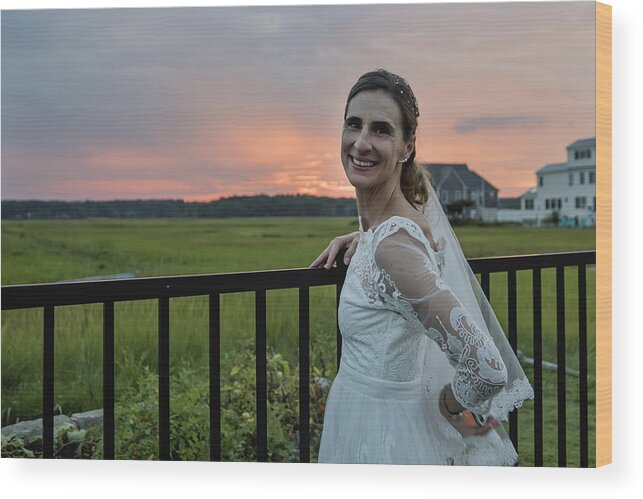 Back Yard Wood Print featuring the photograph Mature bride portrait at sunset in backyard. by Martinedoucet