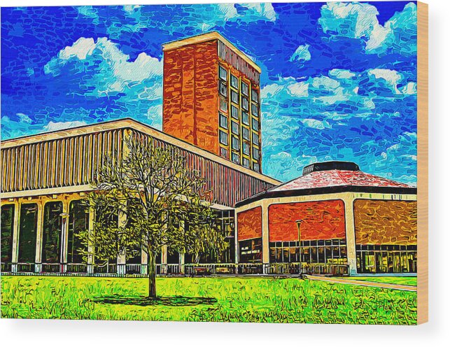 Texas Tech University College Of Media & Communication Wood Print featuring the digital art Media and Communications Building of the Texas Tech University - impressionist painting by Nicko Prints