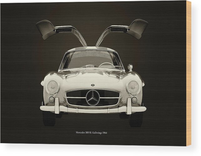Car Wood Print featuring the photograph Mercedes 300SL Gullwings 1964 front full Wings Open by Jan Keteleer