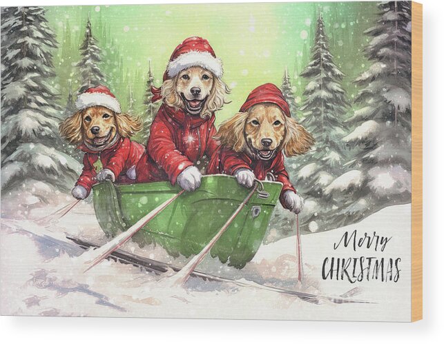 Merry Christmas Wood Print featuring the painting Merry Christmas Pups by Tina LeCour