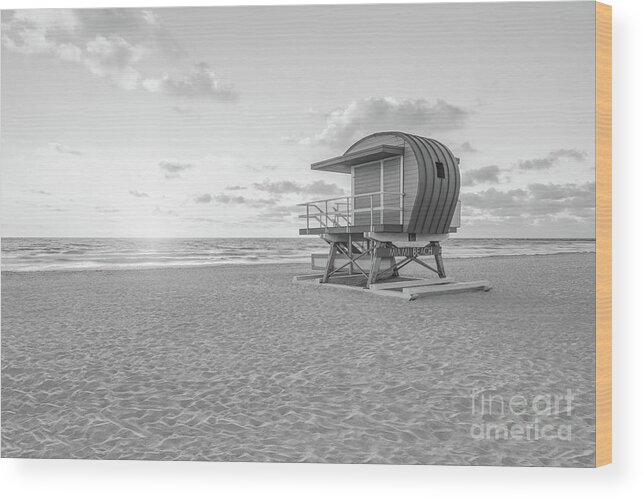 1st Wood Print featuring the photograph Miami Beach 1st Street Lifeguard Tower Black and White Photo by Paul Velgos