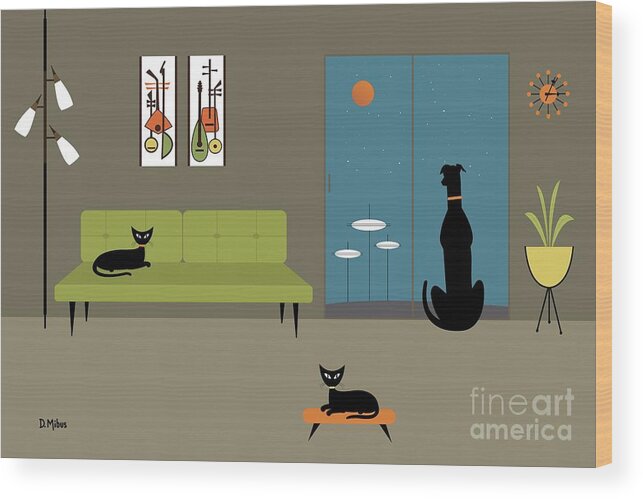 Mid Century Modern Wood Print featuring the digital art Mid Century Dog Spies Space Pods by Donna Mibus