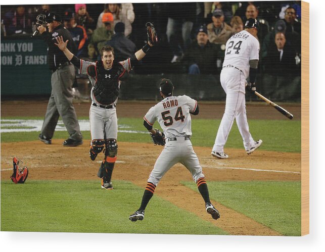 American League Baseball Wood Print featuring the photograph Miguel Cabrera, Sergio Romo, and Buster Posey by Leon Halip