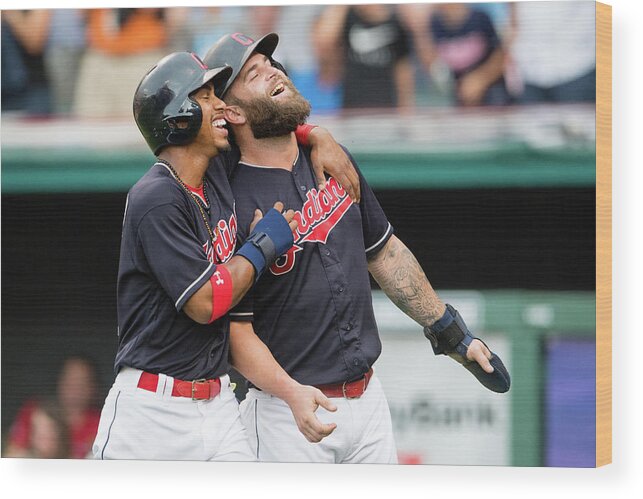 Three Quarter Length Wood Print featuring the photograph Mike Napoli, Lonnie Chisenhall, and Francisco Lindor by Jason Miller