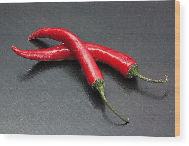 Spices Wood Print featuring the painting Mild Medium Hot Fire Breathing Red Chili Peppers by Tony Rubino