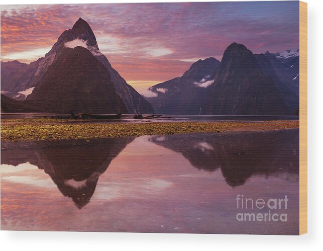 Sunset Wood Print featuring the photograph Milford Sound Sunset, New Zealand by Neale And Judith Clark