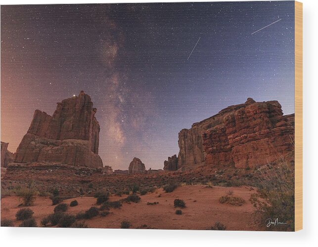 Night Milky Way Arches National Park Moab Utah Southwest Canyonlands Colorado Plateau Courthouse Towers Wood Print featuring the photograph Milky Way and Meteors by Dan Norris