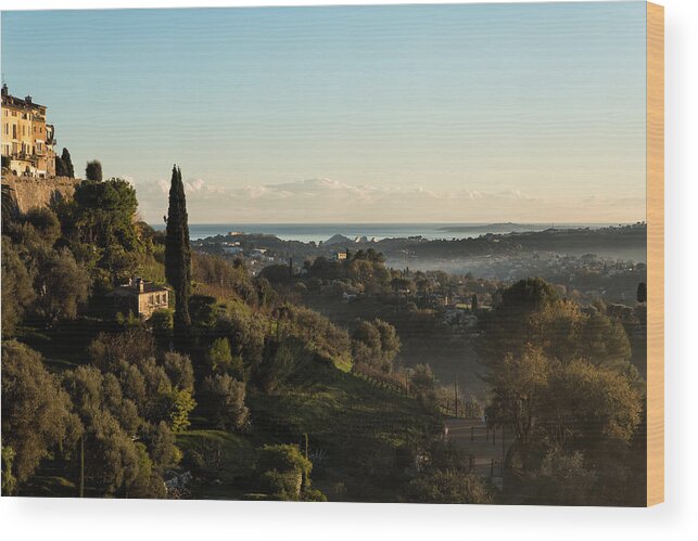 French Riviera Wood Print featuring the photograph Mist on the forest and the sea by Jean-Marc PAYET