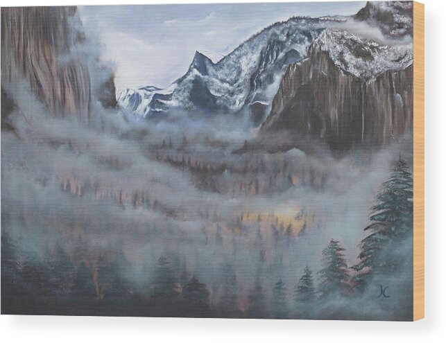 Yosemite Wood Print featuring the painting Misty Vale by Neslihan Ergul Colley