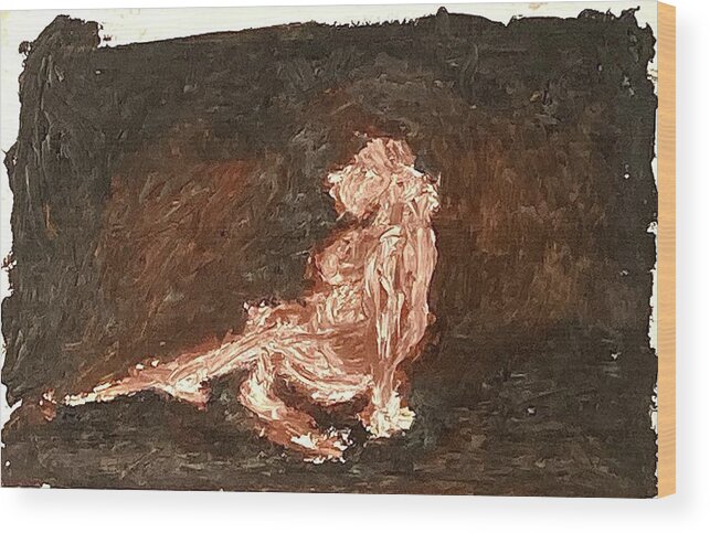 Pink Wood Print featuring the painting Model sitting on the floor by David Euler