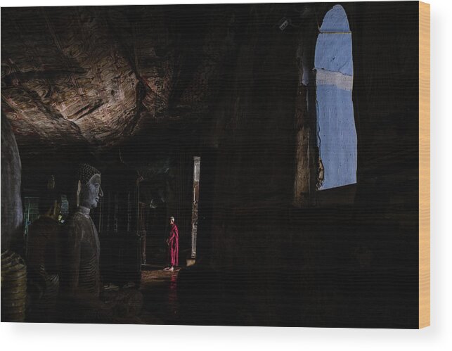 Cave Wood Print featuring the photograph Monk at Dambulla Cave Temple by Arj Munoz