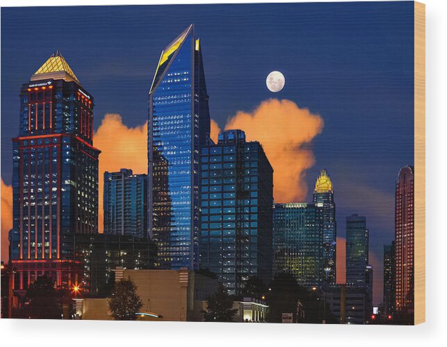 Charlotte Wood Print featuring the digital art Moon over Uptown Charlotte by SnapHappy Photos