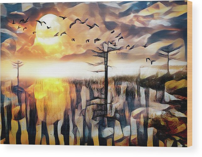 Birds Wood Print featuring the photograph Moon Rise Flight Abstract Painting by Debra and Dave Vanderlaan