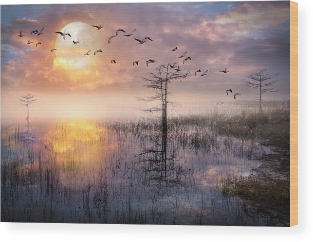 Birds Wood Print featuring the photograph Moon Rise Flight by Debra and Dave Vanderlaan