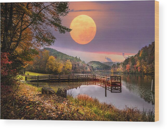 Carolina Wood Print featuring the photograph Moon Rising over the Lake by Debra and Dave Vanderlaan