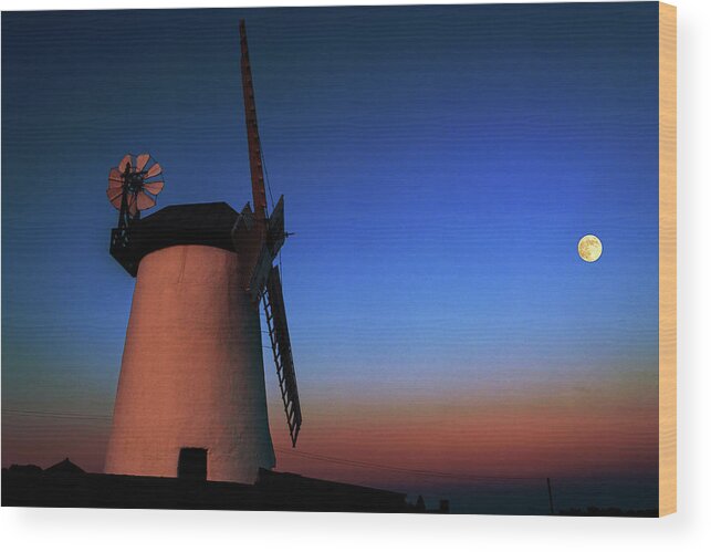 Andbc; Ballycopeland; Windmill; Millisle; Ards; Bangor; County Down; Northern Ireland; Sunset; Moonrise; Spring Wood Print featuring the photograph Moonrise Mill by Martyn Boyd