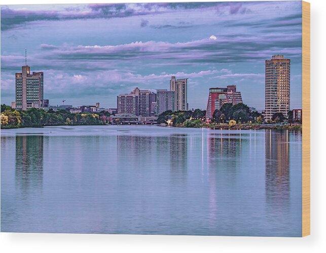 Harvard Bridge Wood Print featuring the photograph Moonrise Over The Charles River and Boston University Skyline by Gregory Ballos