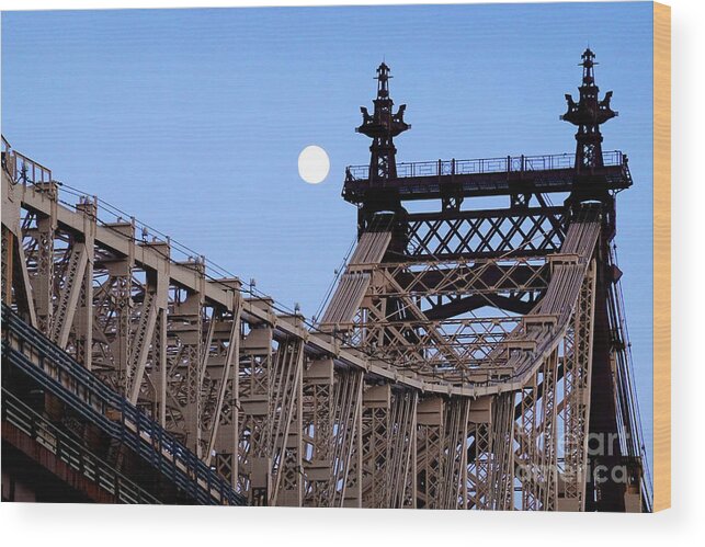 New York City Wood Print featuring the photograph Moonrise over Queensboro Bridge by Steve Ember