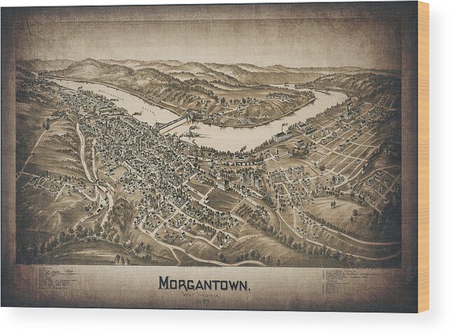 West Virginia Map Wood Print featuring the photograph Morgantown West Virginia Vintage Map Birds Eye View 1897 Sepia by Carol Japp
