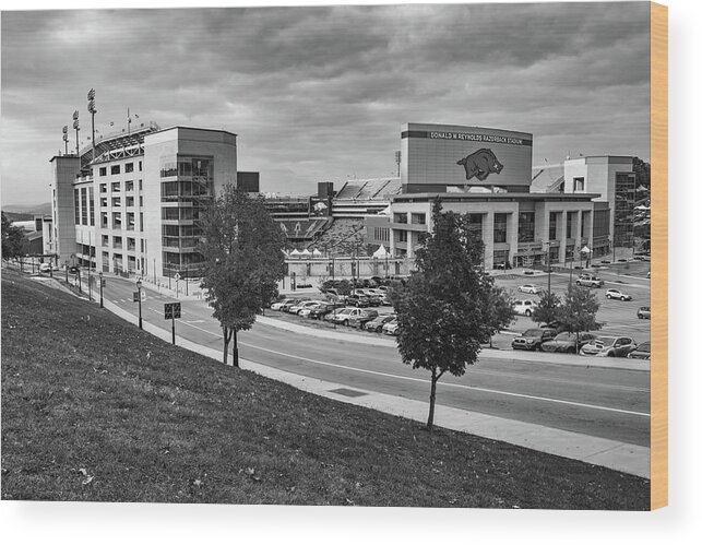 Arkansas Razorbacks Wood Print featuring the photograph Morning At Razorback Stadium - Black and White by Gregory Ballos